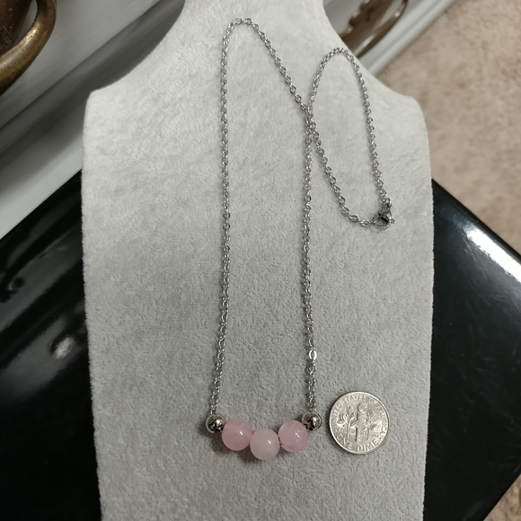 Rose Quartz Three Bead Necklace Natural Gemstone Crystal Stainless-Steel Chain - Picture 8 of 11